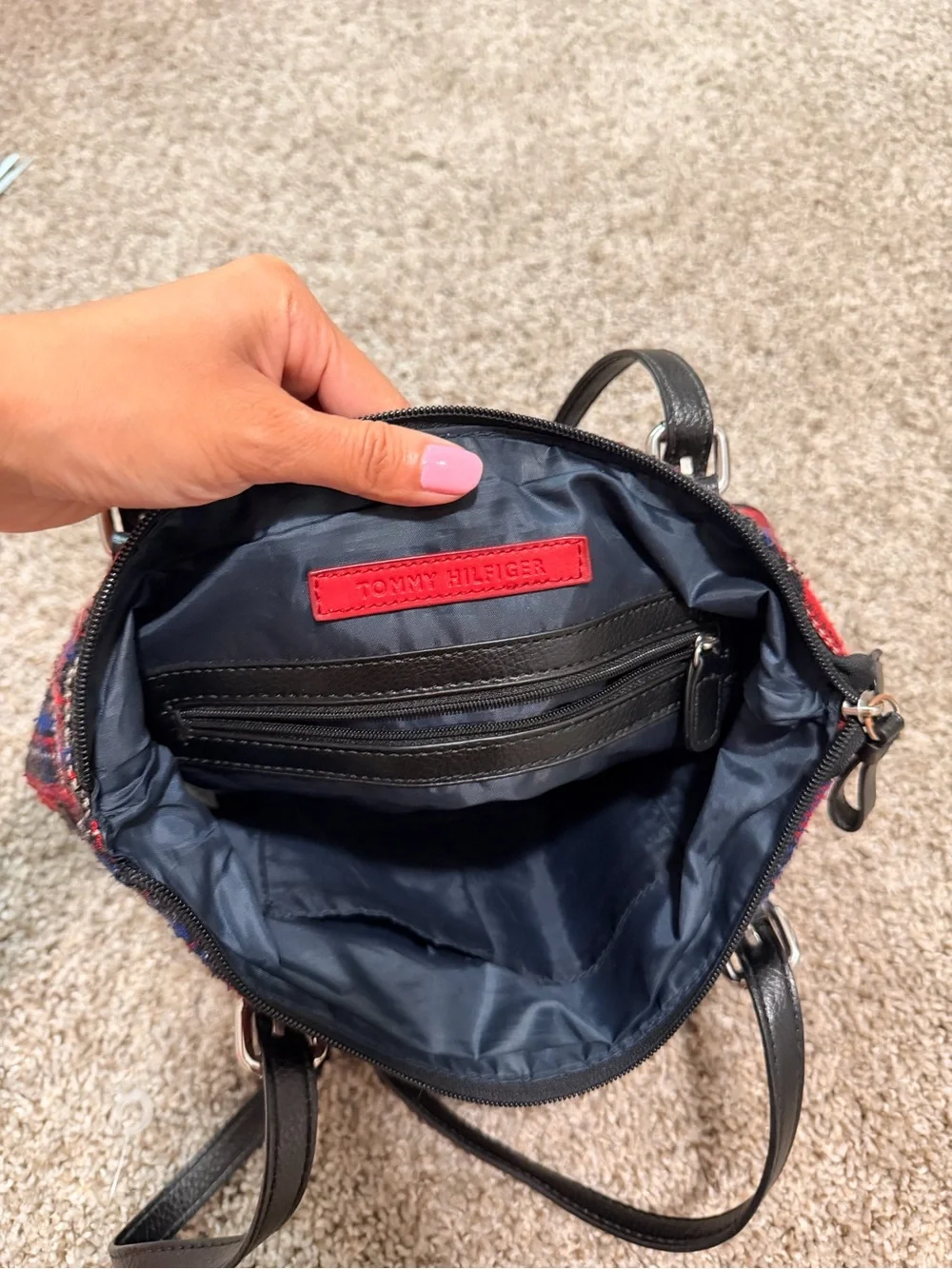 Tommy Hilfiger Red Plaid Shoulder Bag with Black Straps